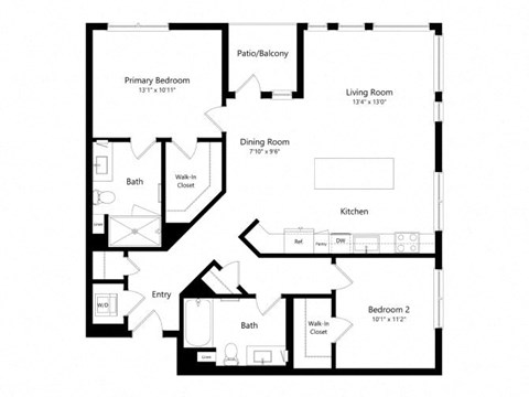 Floor plan for 2 beds, 2 baths, 1189 sqft